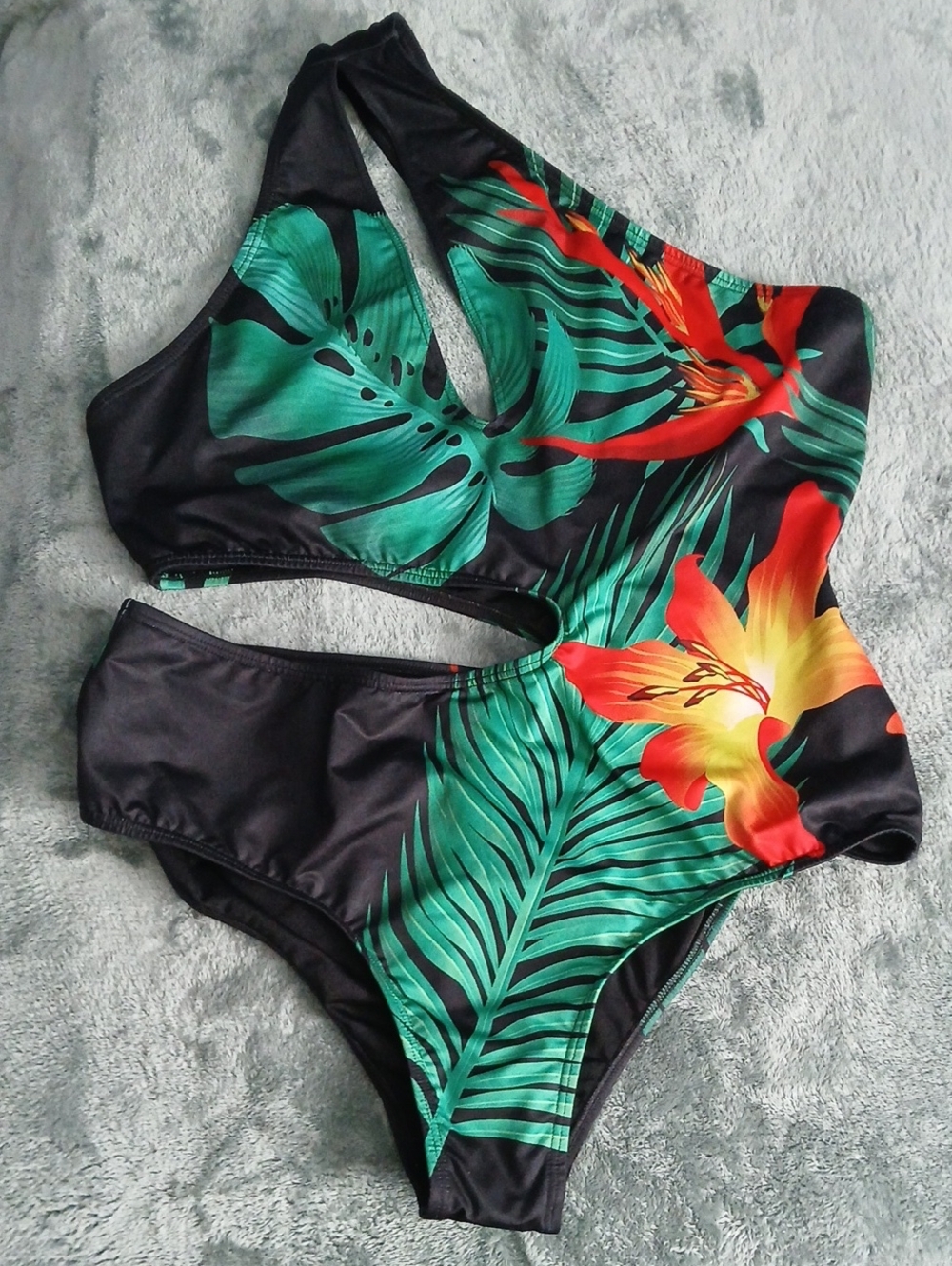 Tropical Cutout One-Piece Swimsuit - Black with Green & Red Floral Print